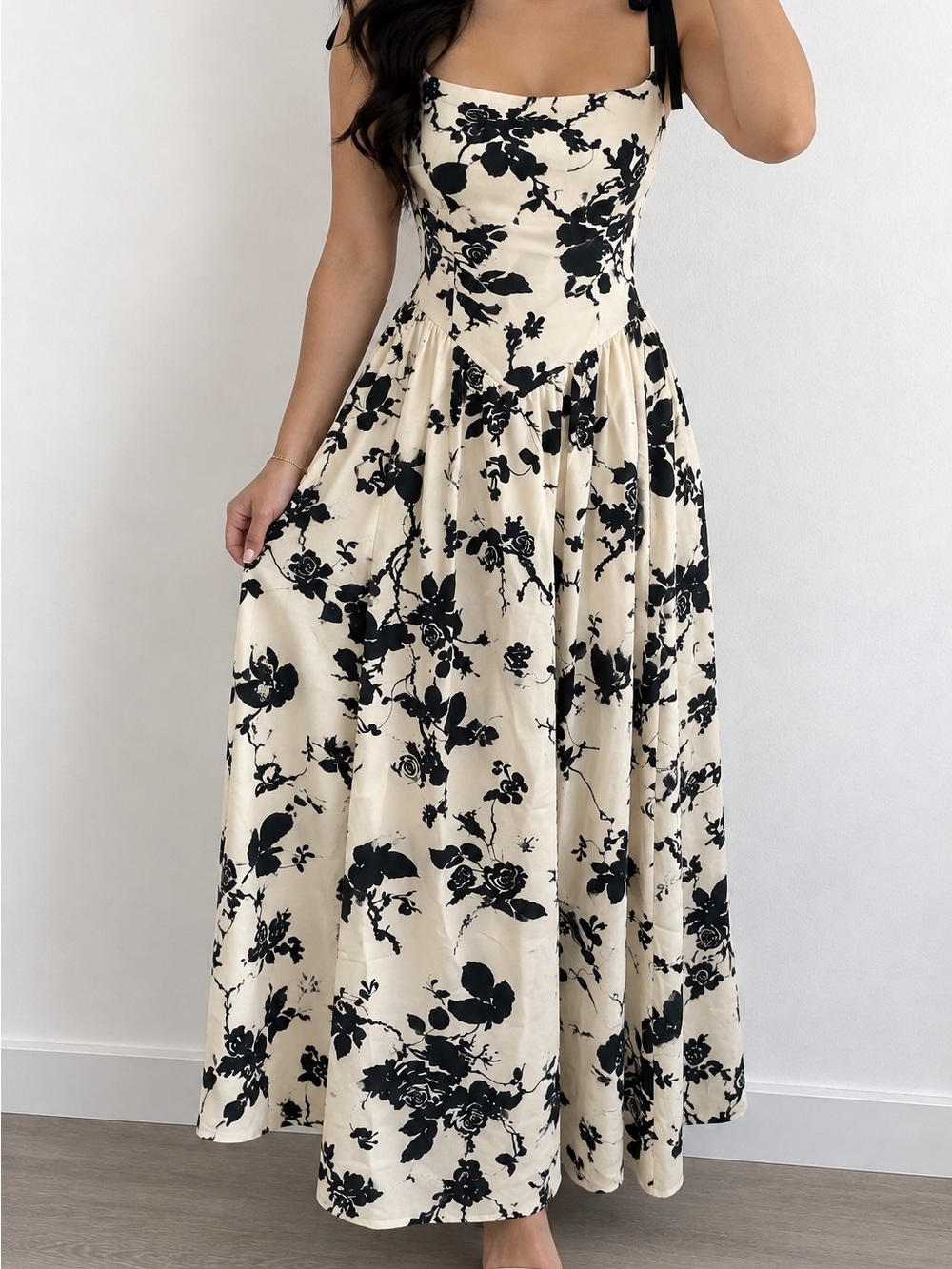 Women's Cream & Black Floral Maxi Dress with Tie Straps